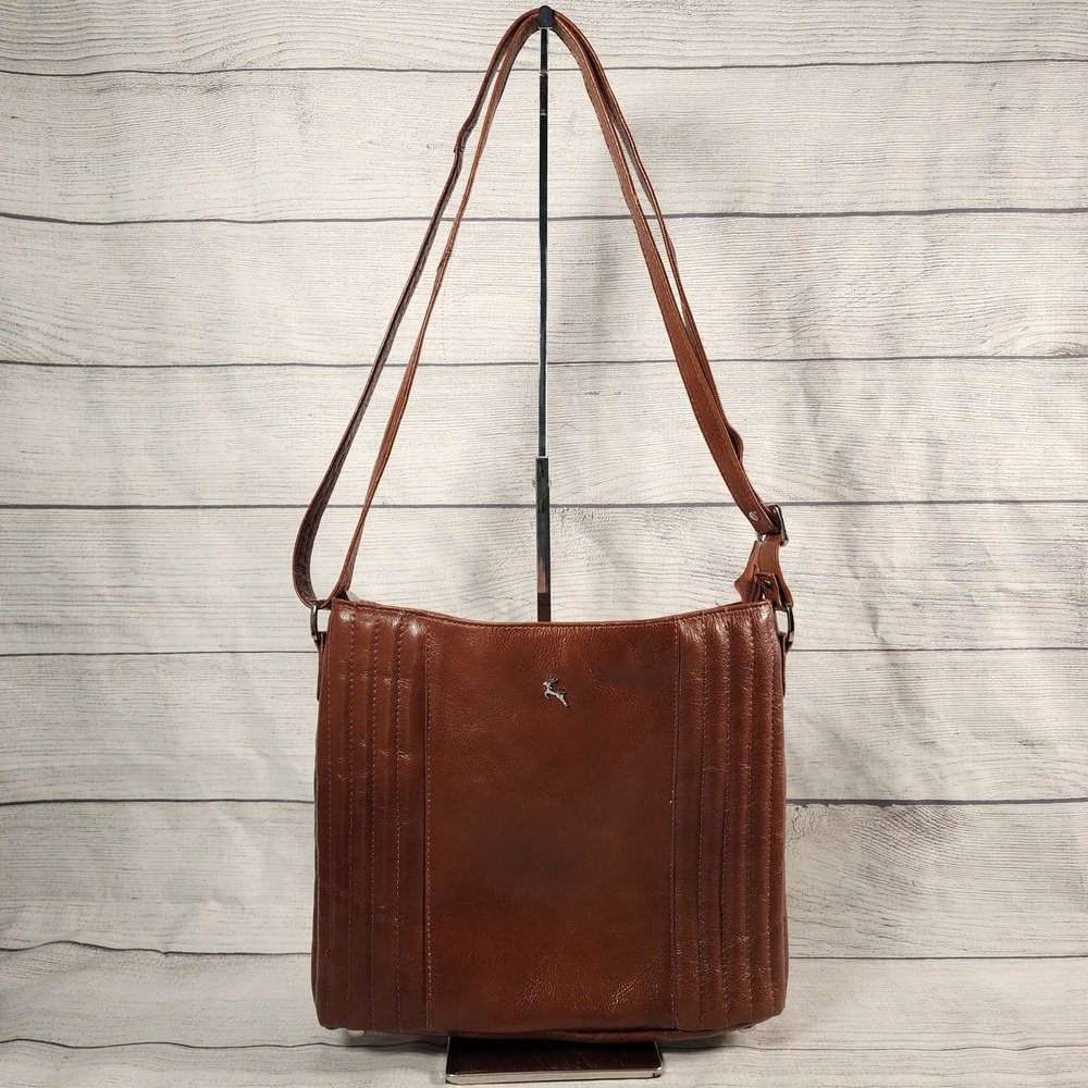 Ashwood Genuine Leather Crossbody Bag Cognac Brown Pintuck Stag Square Handbag